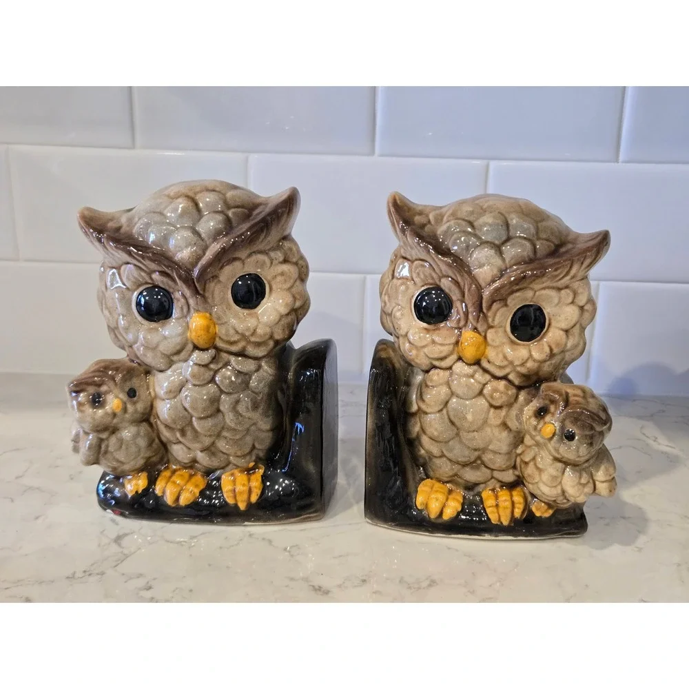 Unbranded Owl Bookends Unisex OS Brown Good Vintage Ceramic Mother Baby Set - Picture 1 of 13